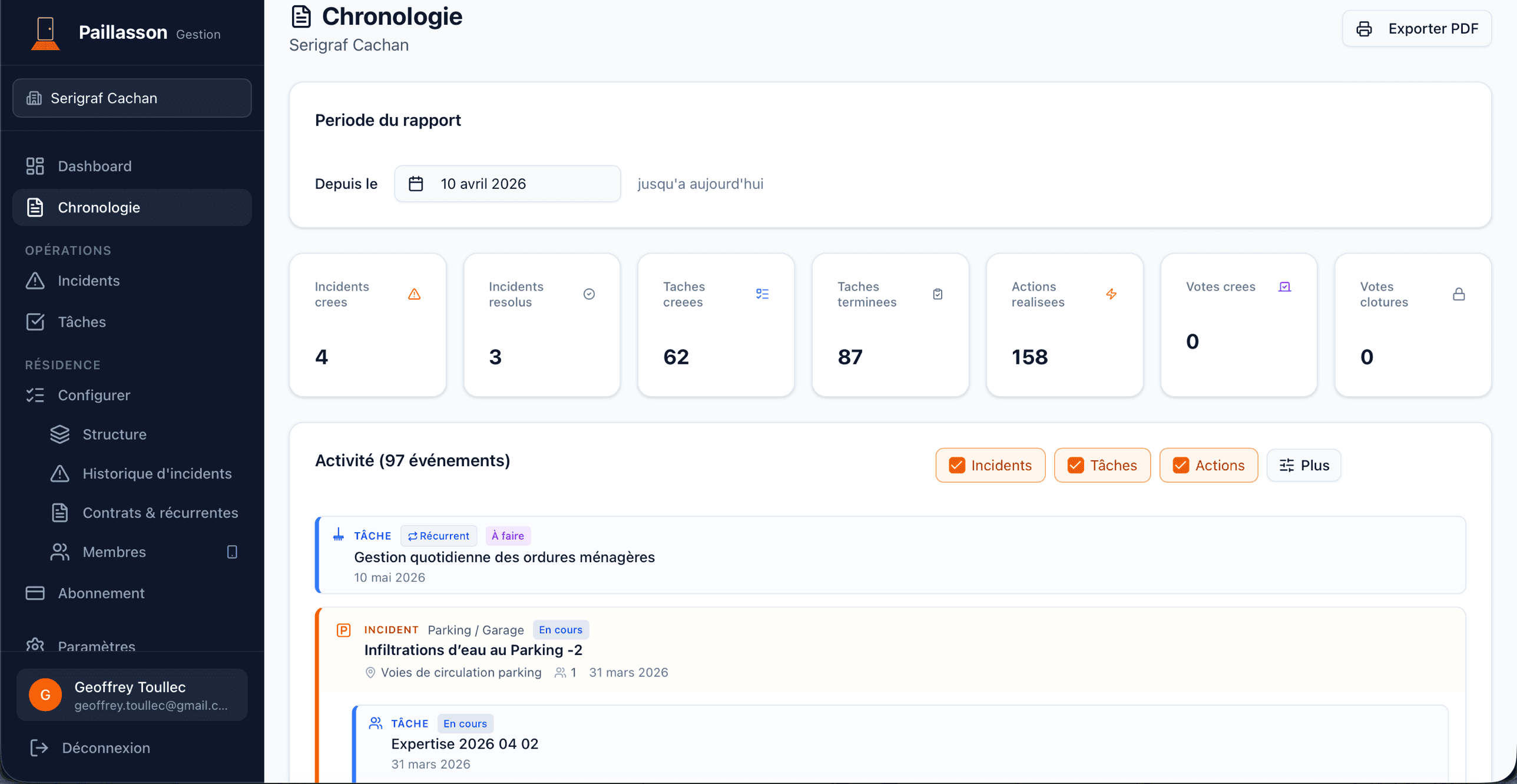 Chronologie d'activité de la résidence — vue web