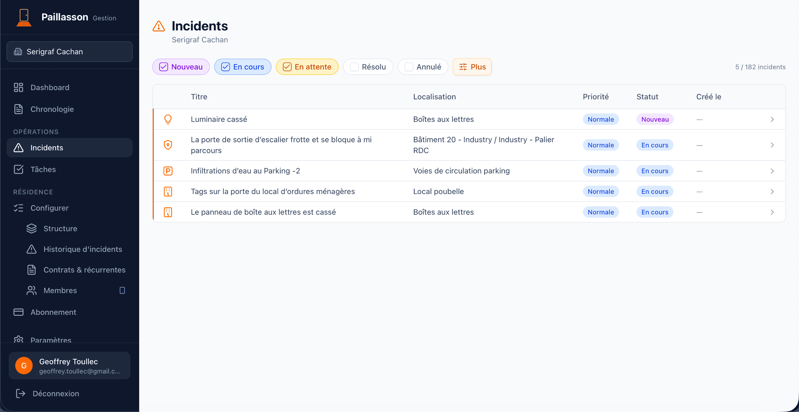 Liste des incidents — vue web