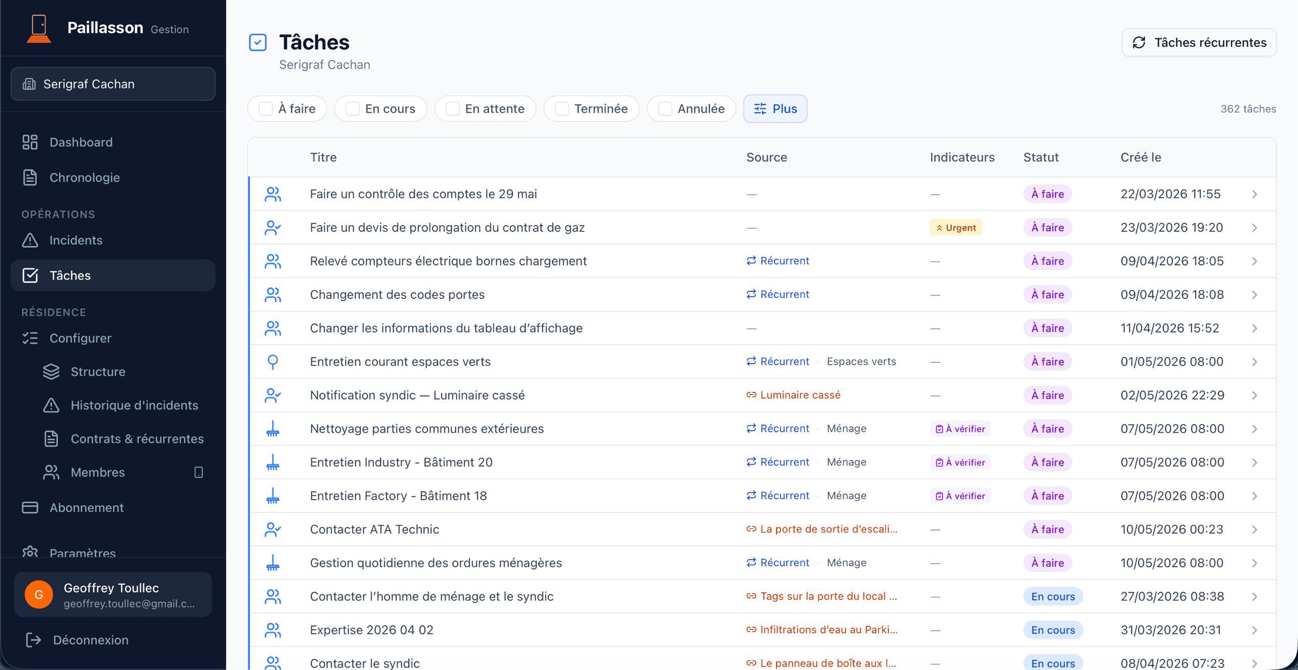 Liste des tâches — vue web