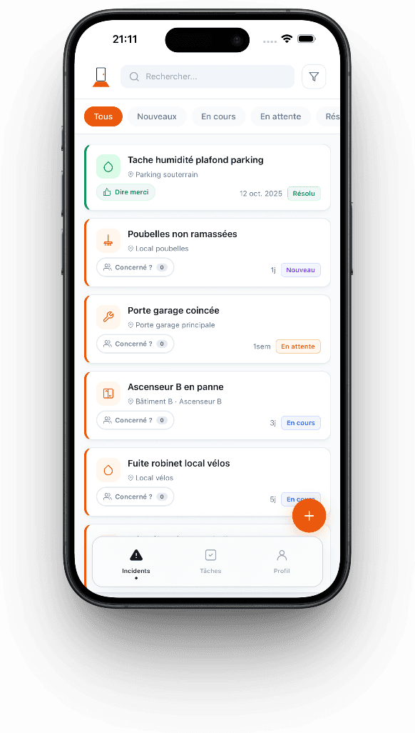 Liste des incidents dans l'app Paillasson